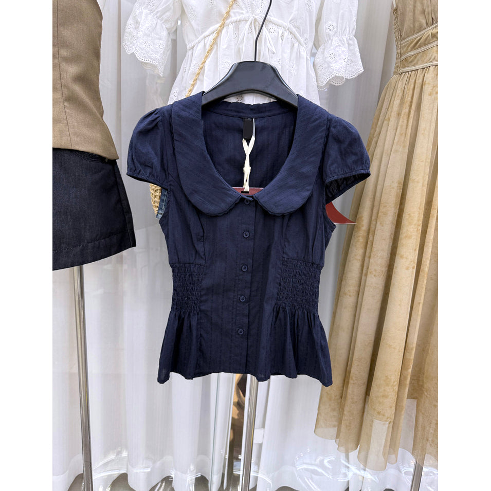 Peter Pan Collar Smocked Peplum Blouse with Puff Sleeves, Lightweight Textured Cotton Top, Cottagecore Coquette Summer Blouse for Women