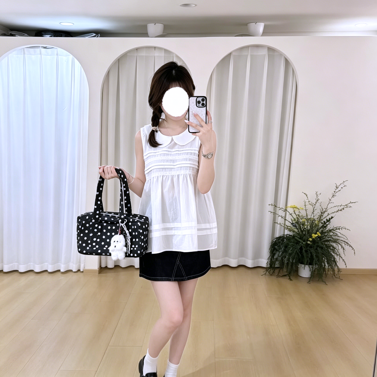 White Peter Pan collar pintuck babydoll sleeveless top front view