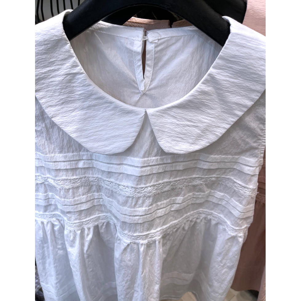 White Peter Pan Collar Pintuck Babydoll Sleeveless Top