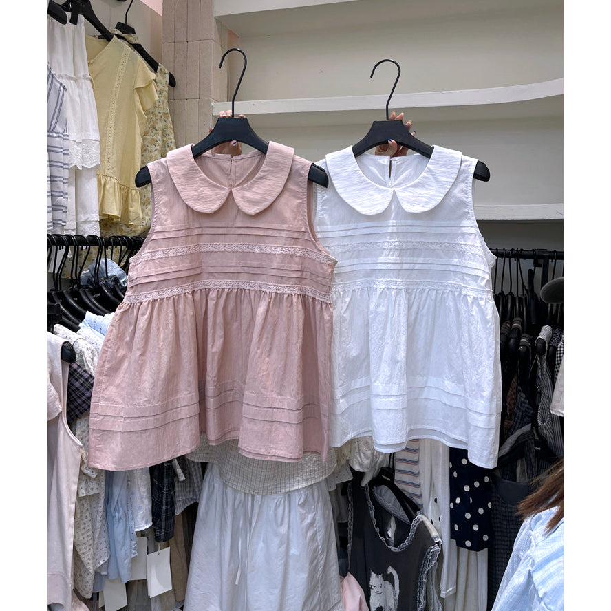 White Peter Pan collar pintuck babydoll sleeveless top