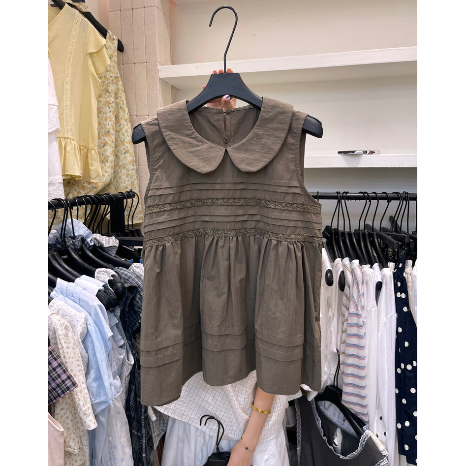 White Peter Pan Collar Pintuck Babydoll Sleeveless Top