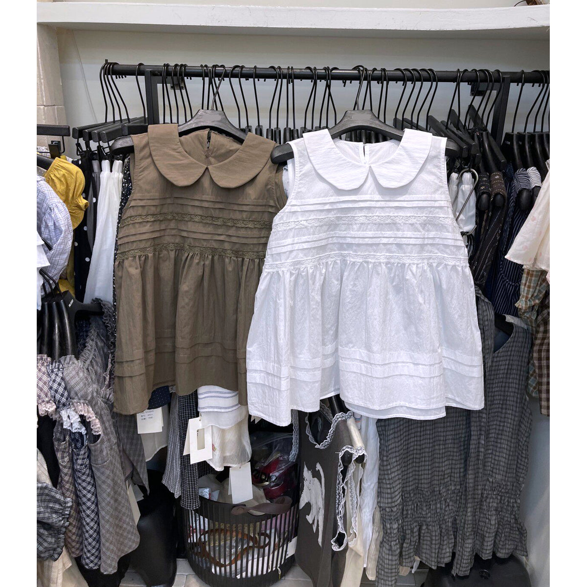White Peter Pan Collar Pintuck Babydoll Sleeveless Top