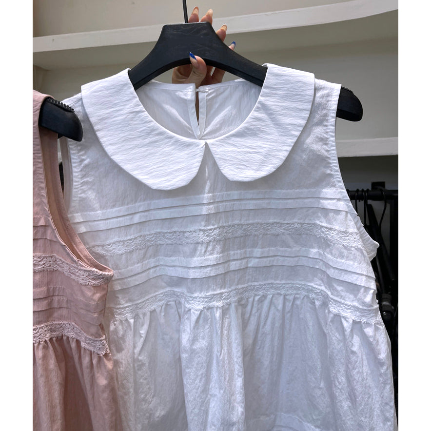 White Peter Pan Collar Pintuck Babydoll Sleeveless Top