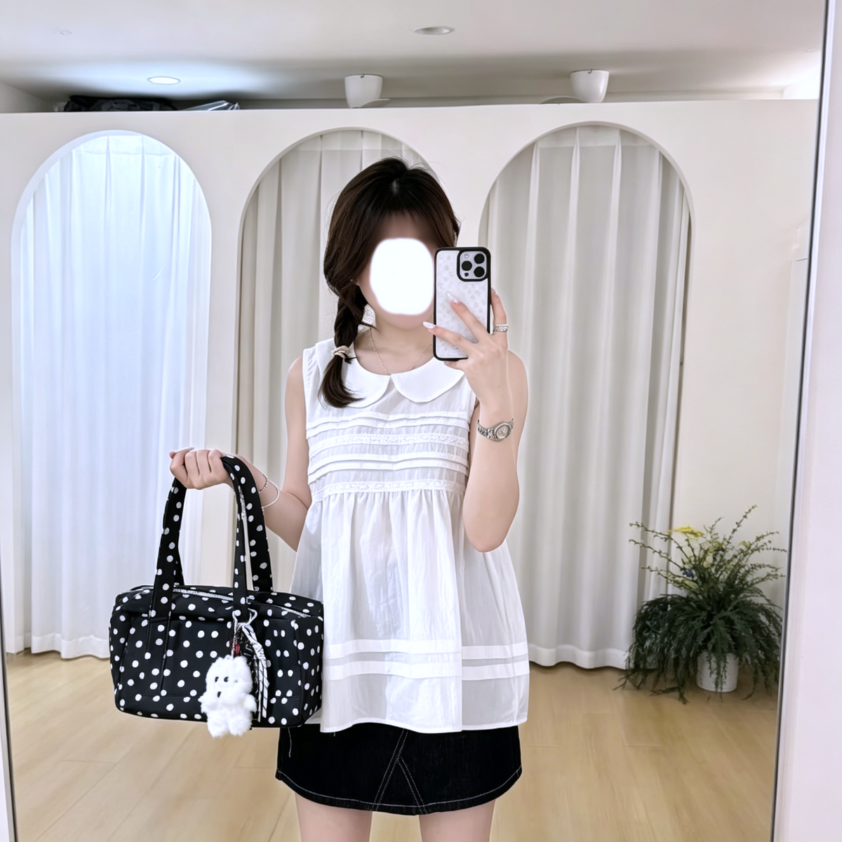 White Peter Pan collar pintuck babydoll sleeveless top front view