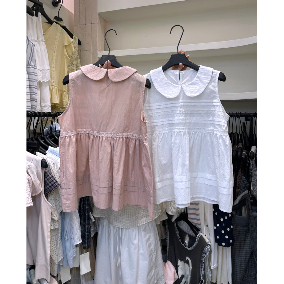 White Peter Pan collar pintuck babydoll sleeveless top