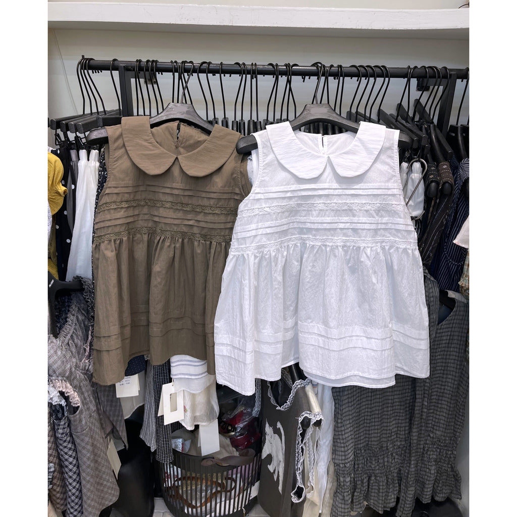 White Peter Pan Collar Pintuck Babydoll Sleeveless Top