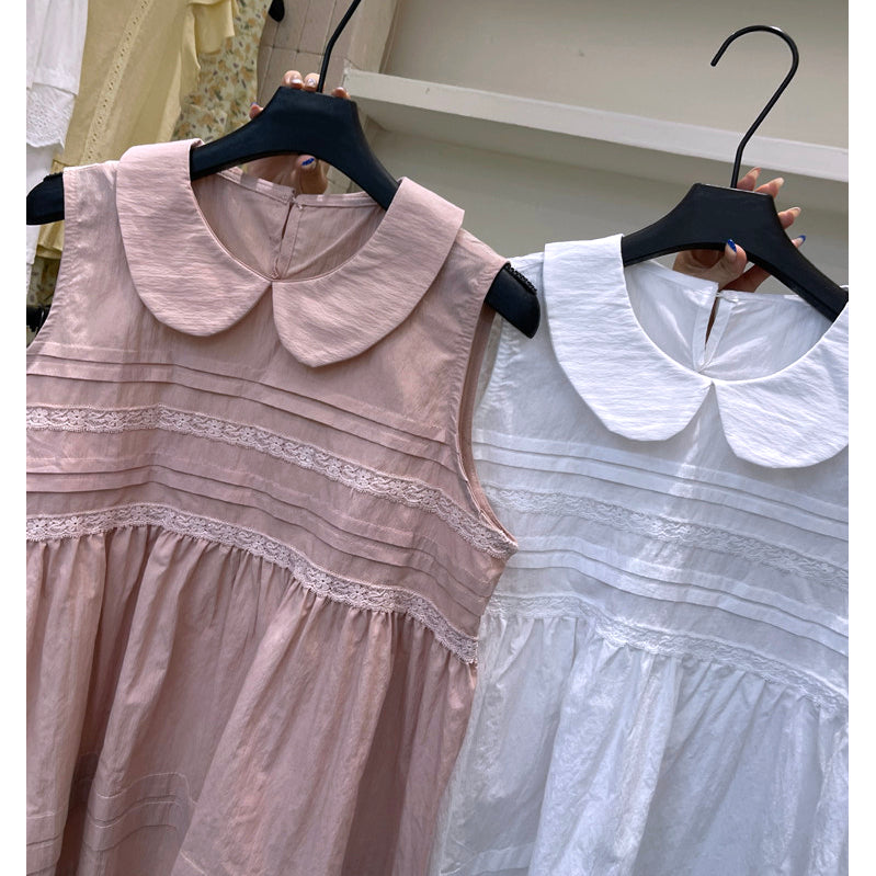 White Peter Pan Collar Pintuck Babydoll Sleeveless Top
